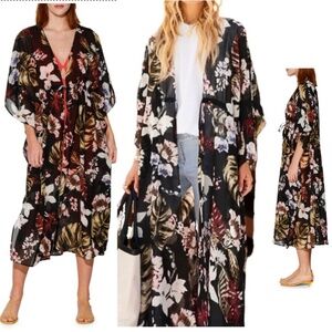 Walter Baker Tulum Caftan Kaftan Duster Black Floral Tropical One Size OS